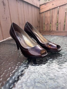 Gianni Bini Burgundy Patent Peep-Toe Heels - 2” Heel